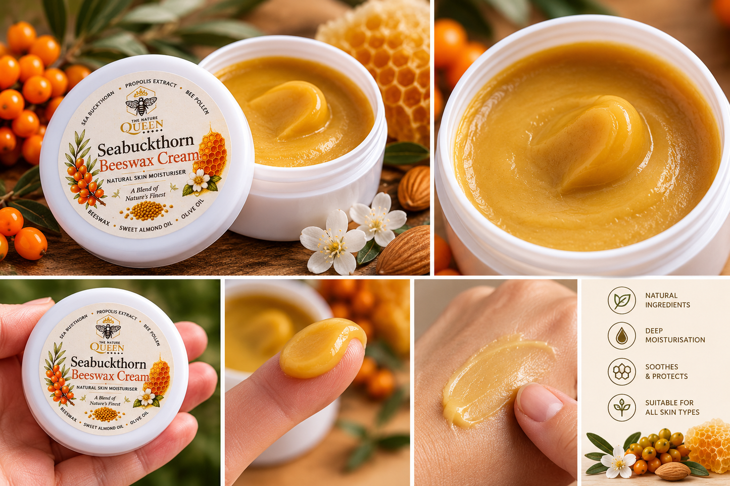Sea Buckthorn Beeswax Cream natural skincare product, texture and application