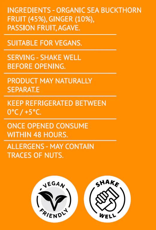 Product label with ingredients, serving instructions, and product information on an orange background.