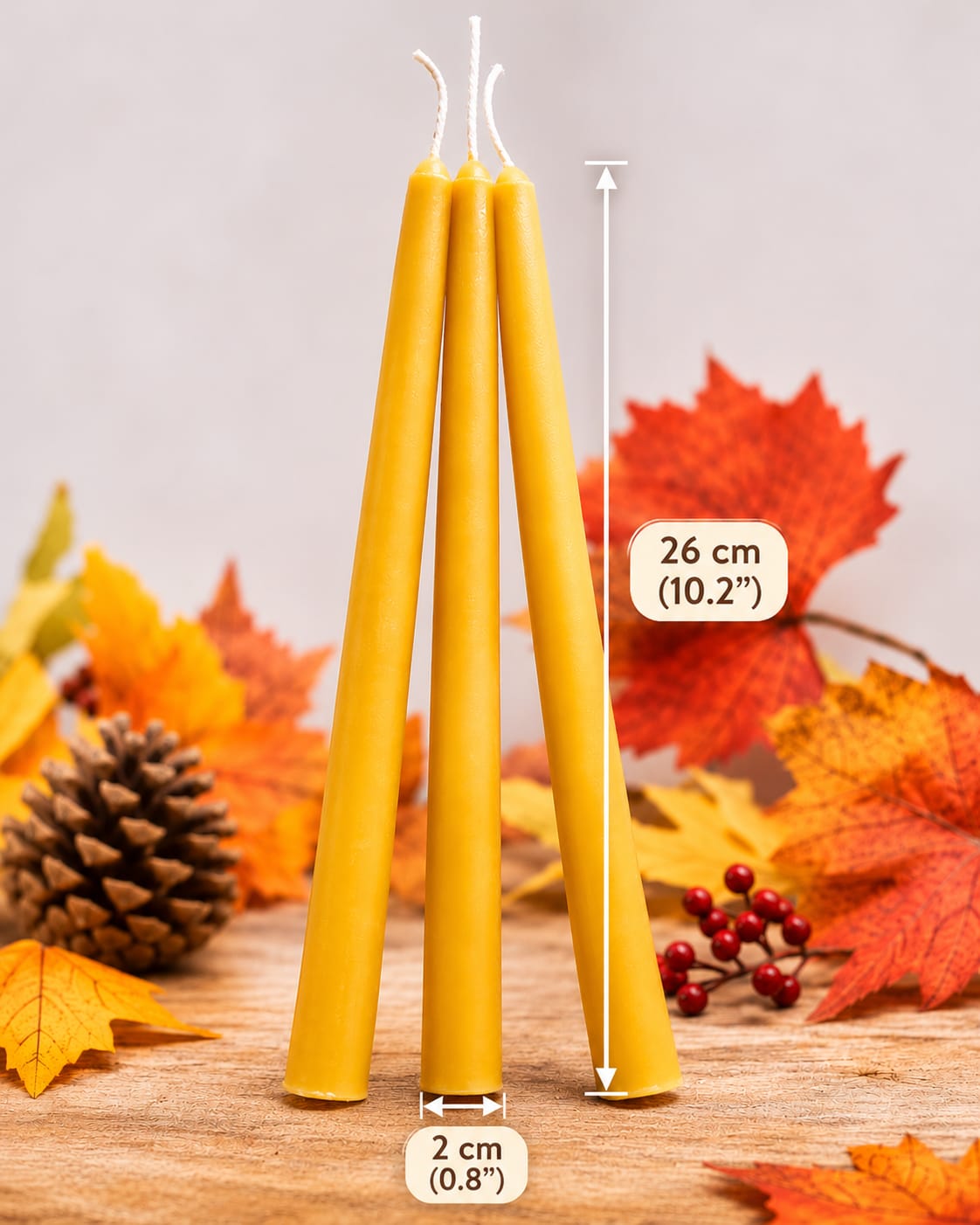 Natural golden beeswax dinner candles dimensions