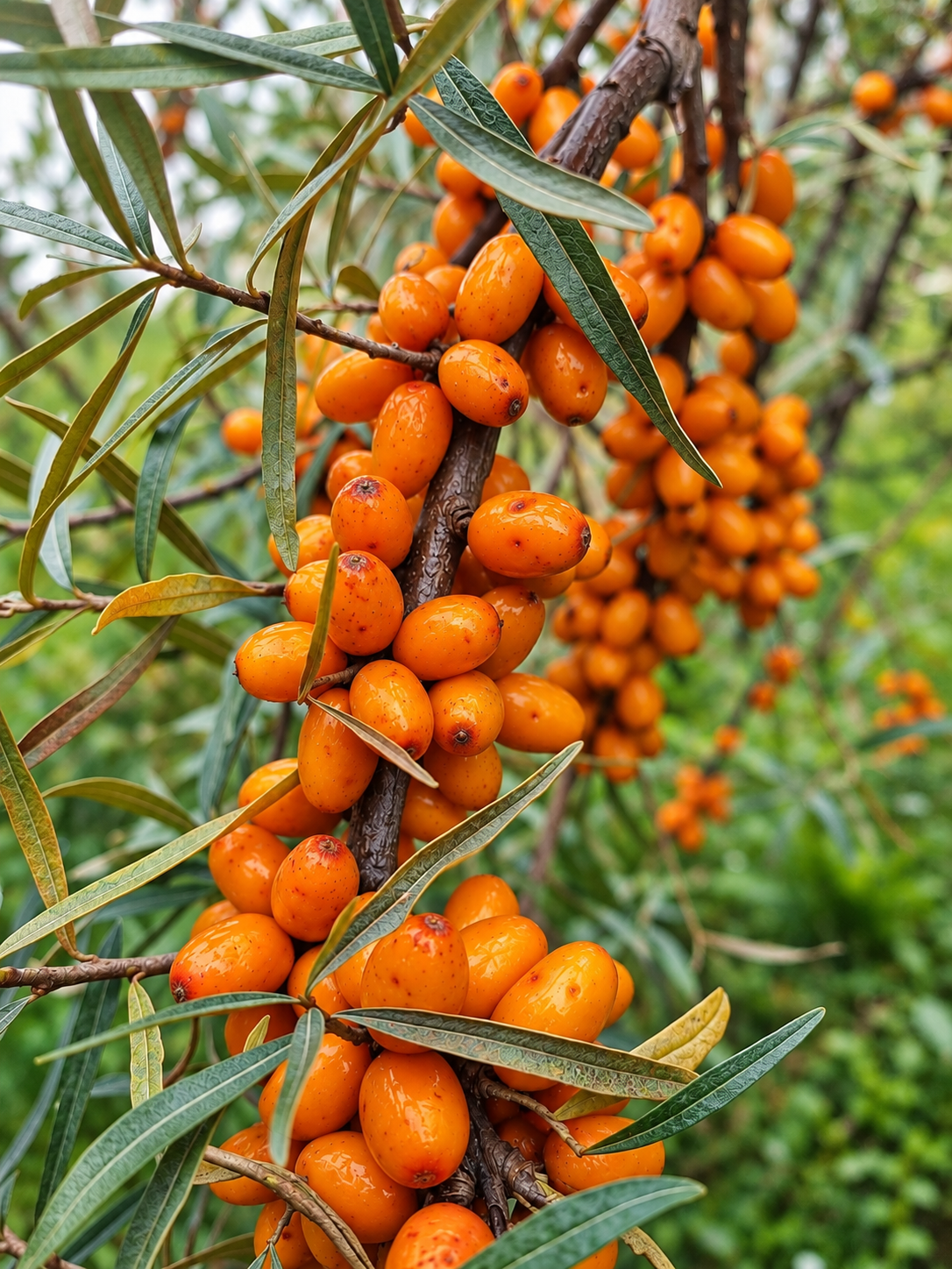 Close-up of ripe orange sea buckthorn berries on the branches