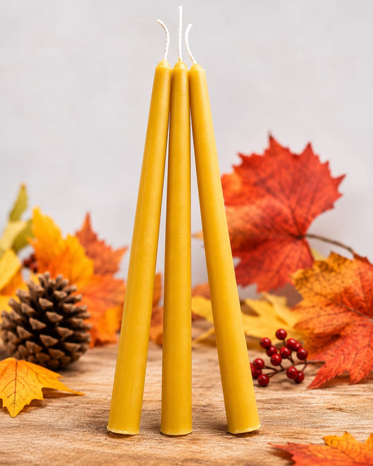 100% pure beeswax taper dinner candles, 26cm long, in a natural golden colour