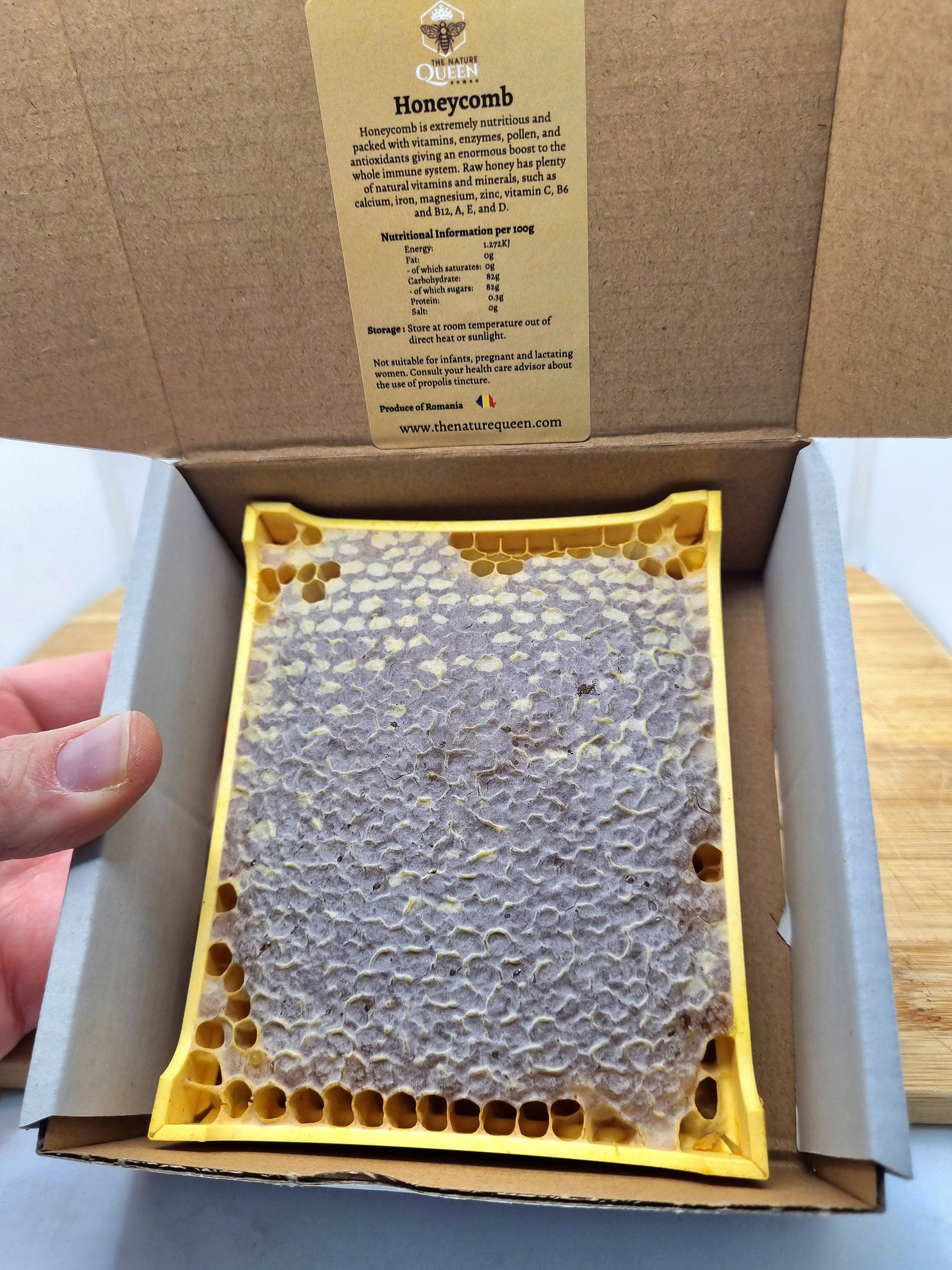 Raw organic honeycomb presented in a natural gift box