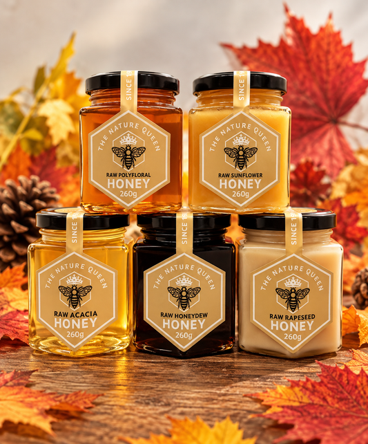 Five varieties of raw honey 260g including acacia, honeydew, rapeseed, sunflower and polyfloral