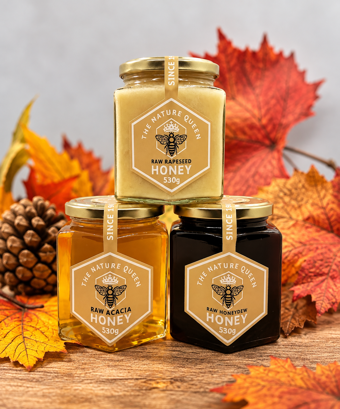 Raw rapeseed, acacia and honeydew honey 530g collection from The Nature Queen