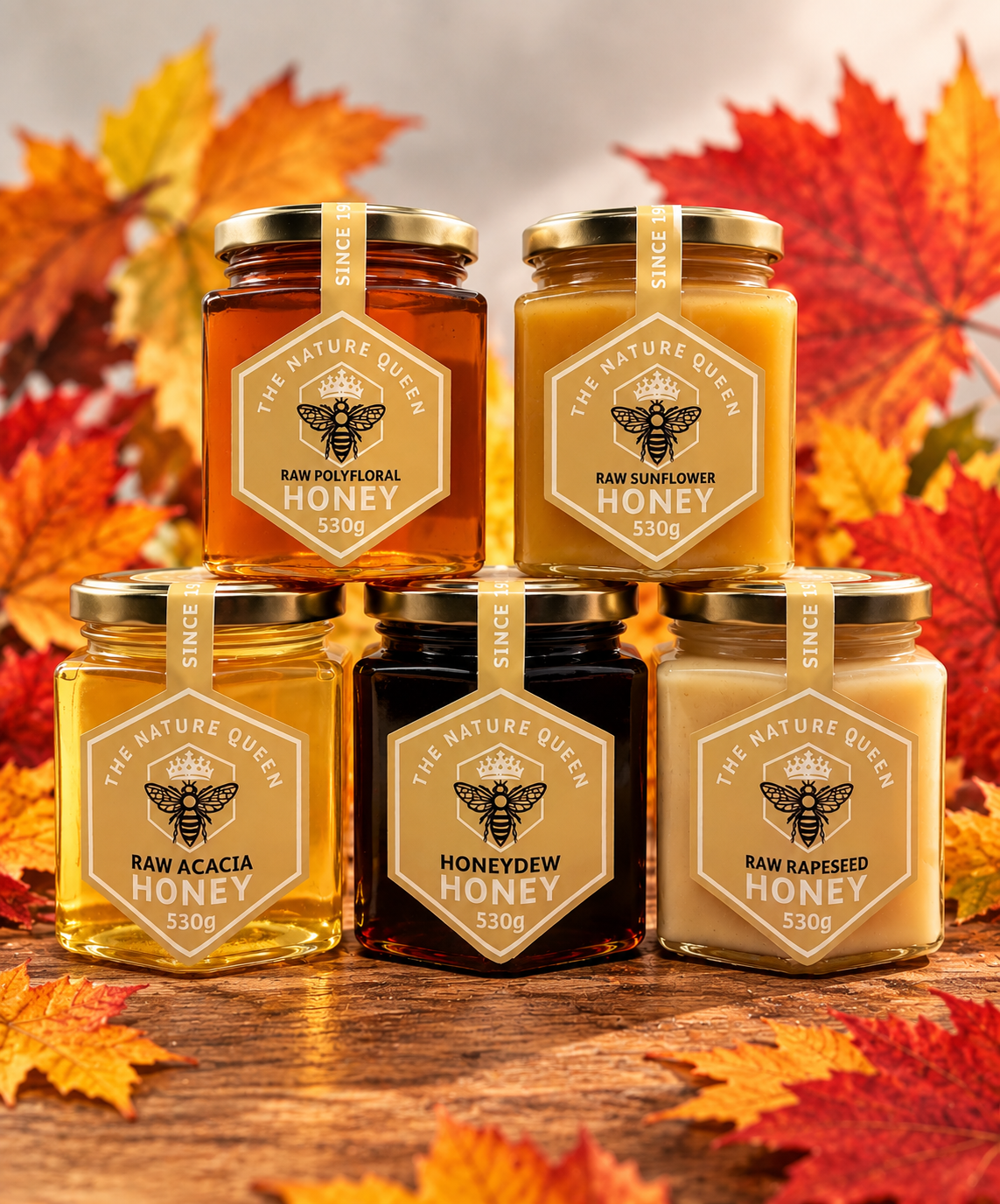 Five varieties of raw honey 530g including acacia, honeydew, rapeseed, sunflower and polyfloral