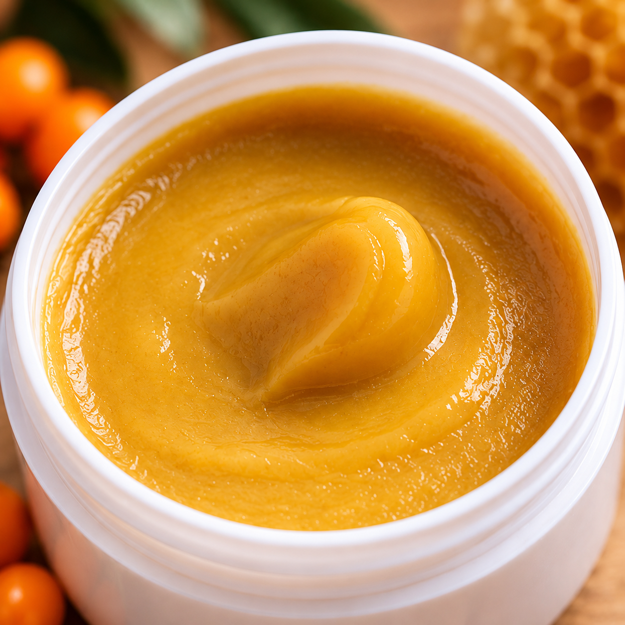 Close-up of rich golden Sea Buckthorn and Beeswax moisturising cream