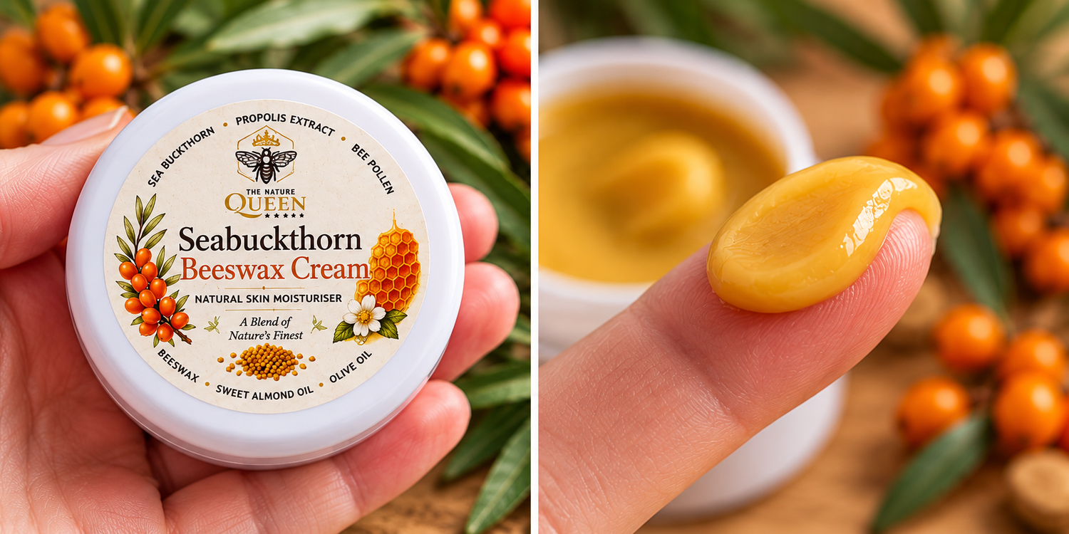The Nature Queen Sea Buckthorn Beeswax Cream with close-up of rich golden texture
