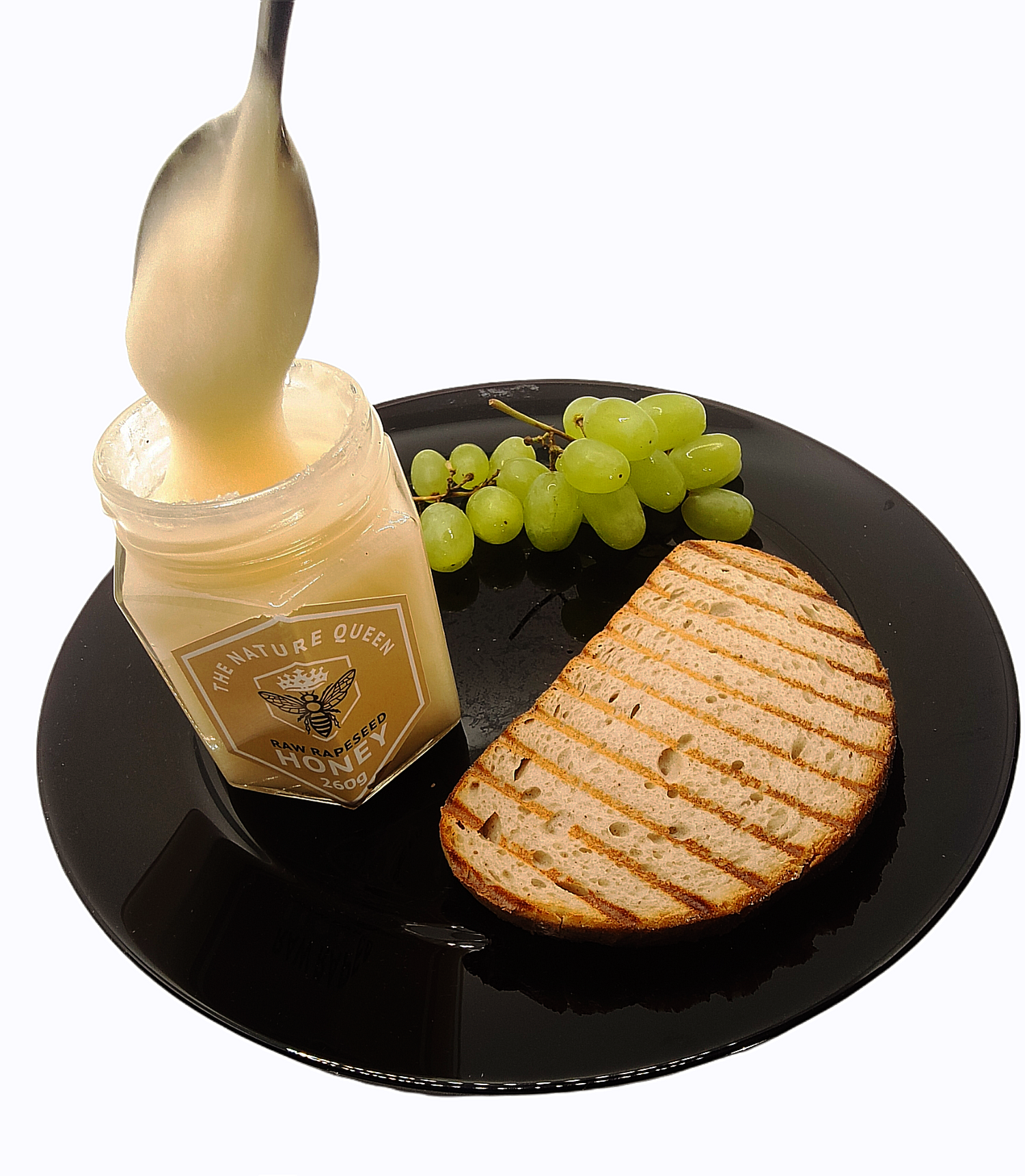 Organic honey with toast and grapes