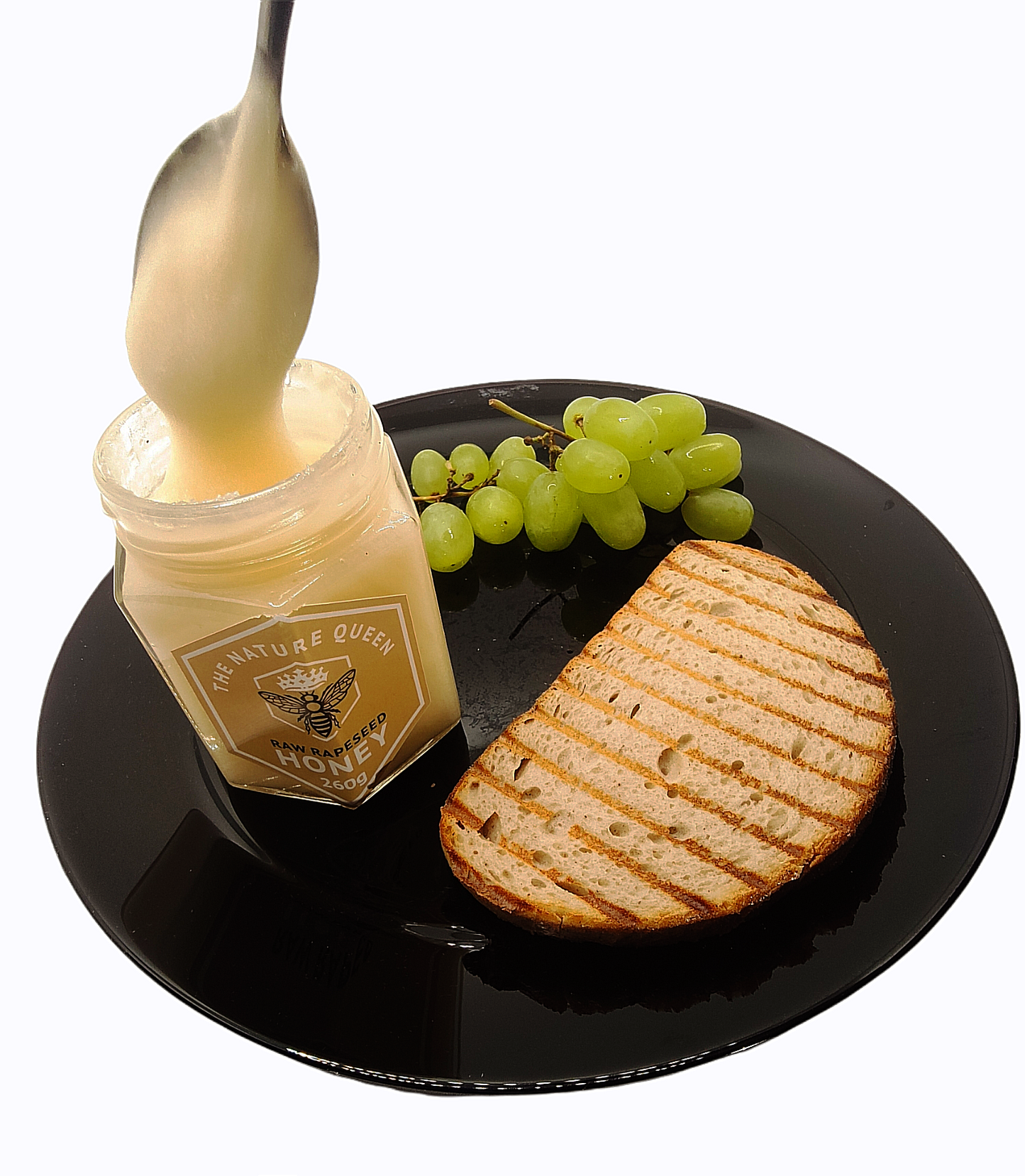 Rapeseed honey on toast and fruits